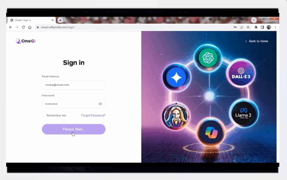 The image shows a login screen for "One Ai" On the left, there's a form for entering an email and password with a "Please Wait..." button. On the right, icons for various AI tools like ChatGPT, DALL-E 3, and LLaMA 3 are arranged in a glowing circular pattern.